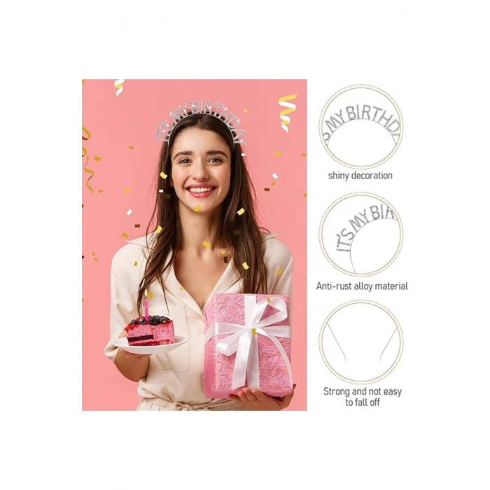 Kristal Taşlı Gümüş Renk İt's My Birthday Yazılı Doğum Günü Parti Tacı 14x16 cm (5324)