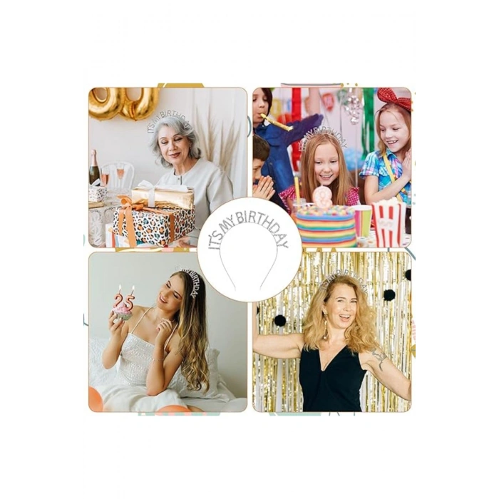 Kristal Taşlı Gümüş Renk İt's My Birthday Yazılı Doğum Günü Parti Tacı 14x16 cm (5324)