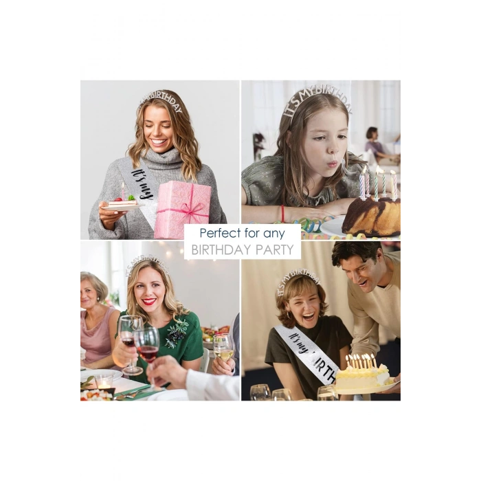 Kristal Taşlı Gümüş Renk İt's My Birthday Yazılı Doğum Günü Parti Tacı 14x16 cm (5324)