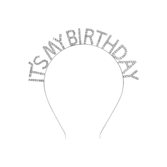 Kristal Taşlı Gümüş Renk İt's My Birthday Yazılı Doğum Günü Parti Tacı 14x16 cm (5324)