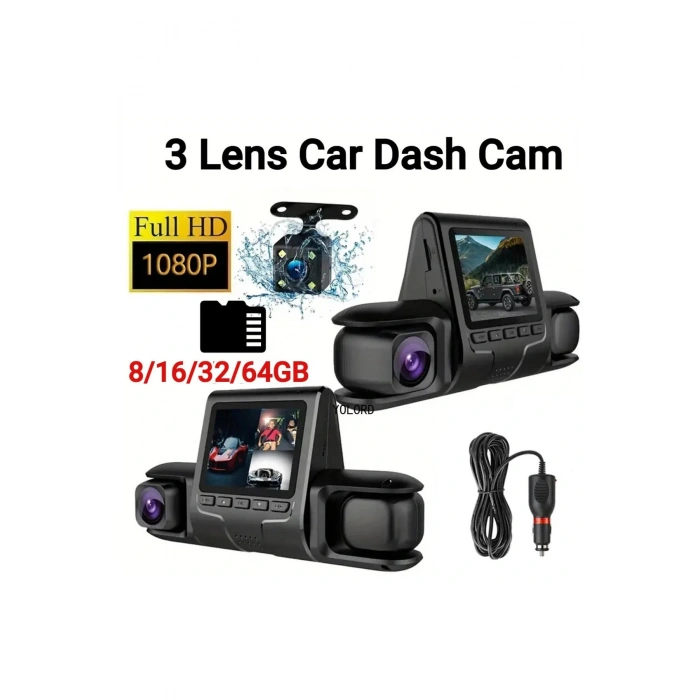1080P Üçlü Lens Araba Dash Cam Dashcam Ön İç & Arka HD Araba DVR 120 ° Açı Döngü Kaydı Yerçe