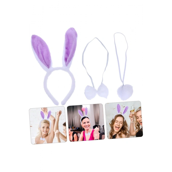 Lila Mor Tavşan Kulak Papyon Kuyruk 3'lü Parti Seti (5324)