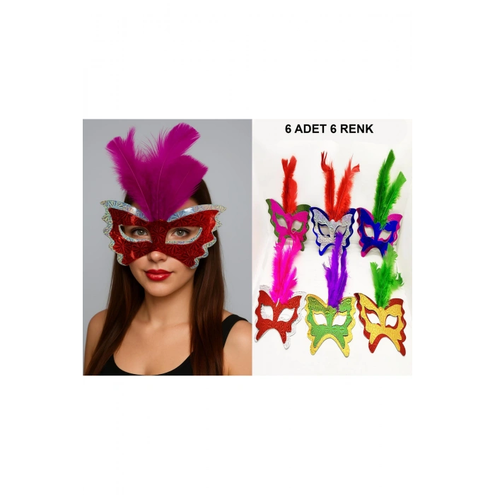 Renkli Parti Maskesi 6'lı | Tüylü Karton Maske Seti (Lastikli) (5324)