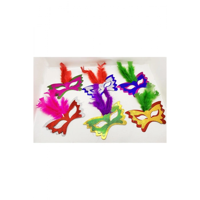 Renkli Parti Maskesi 6'lı | Tüylü Karton Maske Seti (Lastikli) (5324)