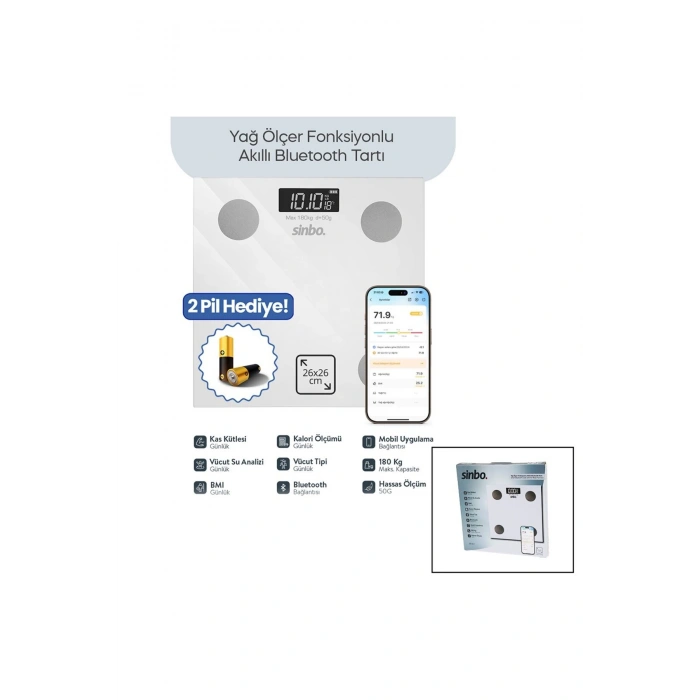 BEYAZ YAĞ ÖLÇER AKILLI BLUETOOTH CAM BASKÜL PİLLİ 180KG/50GR 26X26CM 8-KİŞİ HAFIZA LCD EKRAN ℃ GÖSTE