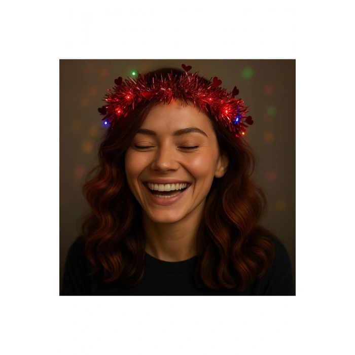 Kalp Püsküllü Gece Parıltısı 3 Modlu LED'li Işıklı Taç Kırmızı Renk (5324)