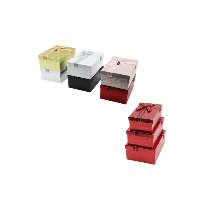 3PCS D.DÖRTGEN PARLAK MİX RENKLİ - KABARTMA DESEN KARTON HEDİYE KUTUSU KURDELALI 22.5X15.5-20.5X13.5