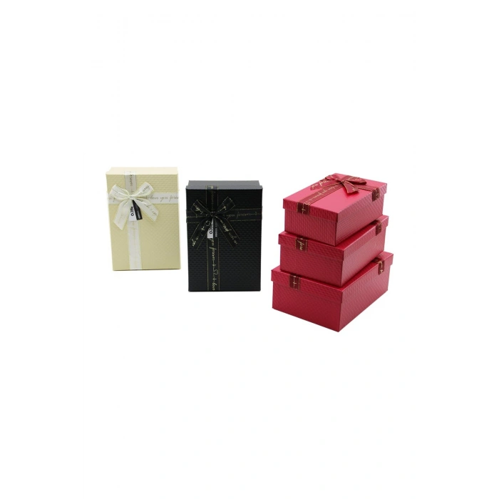 3PCS D.DÖRTGEN MAT MİX RENKLİ - KABARTMA DESEN KARTON HEDİYE KUTUSU KURDELALI 22.5X15.5-20.5X13.5-18