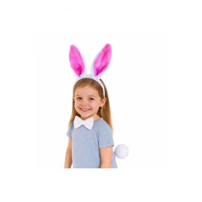 Fuşya Pembe Tavşan Kulak Papyon Kuyruk 3'lü Parti Seti (5324)