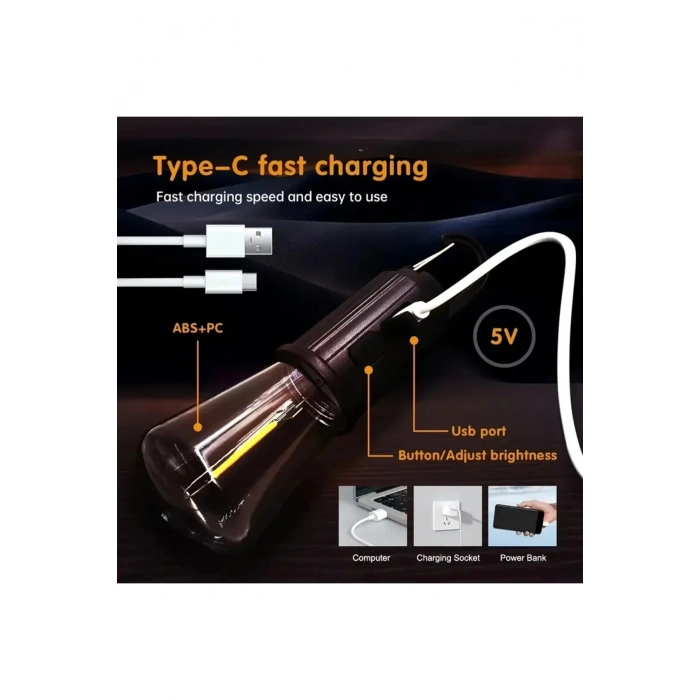 Rustik Taşınabilir Şarjlı Tasarruflu Ampul 10W Led Lamba Type-c Şarj Askılı Asma Aydınlatma T020 (53