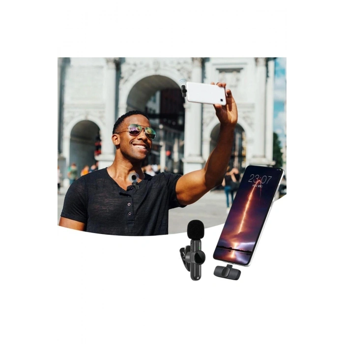 Type C Uyumlu İphone Dönüştürücülü Kablosuz Yaka Mikrofonu Android ve İphone Uyumlu Mini Mikrofon (5