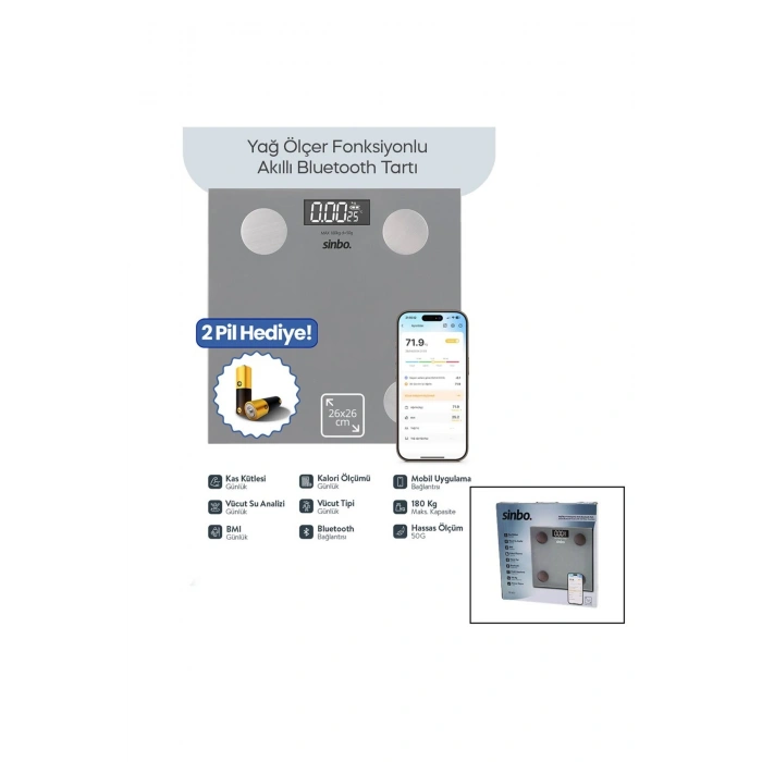 GRİ YAĞ ÖLÇER AKILLI BLUETOOTH CAM BASKÜL PİLLİ 180KG/50GR 26X26CM 8-KİŞİ HAFIZA LCD EKRAN ℃ GÖSTERG