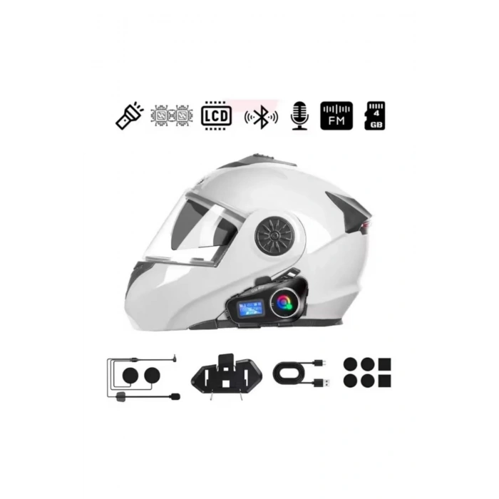 Q58 Motorsikletler İçin Fener Özellikli SD Kart Bölümlü LCD Ekranlı Kablosuz Bluetooth Kulaklıklı –