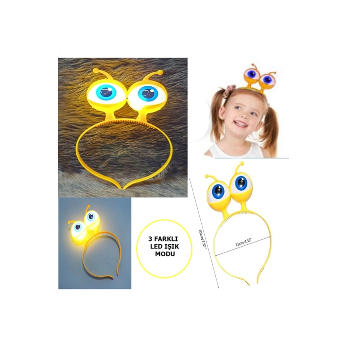 Led Işıklı &amp; Pilli 3 Farklı Modda Yanan Uzaylı Göz Parti Tacı Sarı Renk 18x12 cm (5324)