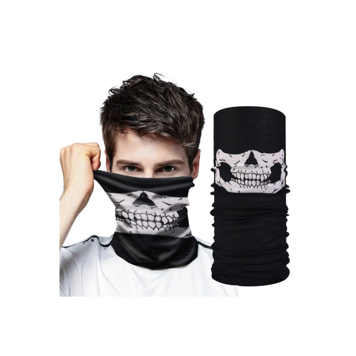 Siyah Renk Dikişsiz Çok Fonksiyonlu Çene Kafatası Yüz Maskesi Baf Buff Bandana Boyunluk Bileklik (53