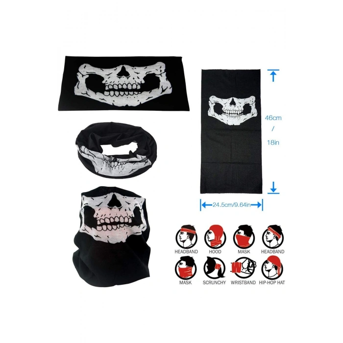 Siyah Renk Dikişsiz Çok Fonksiyonlu Çene Kafatası Yüz Maskesi Baf Buff Bandana Boyunluk Bileklik (53