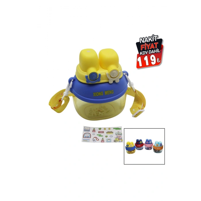 YÜZ MODELİ - 2 KİLİTLİ KAPAK RENKLİ MİKA KRİSTAL SULUK MATARA PİPETLİ - NAYLON ÇANTALI - ASKILI 12