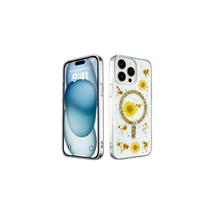 İphone 14 Pro Max Kılıf Daisy Simli Magsafe Kapak - Gold