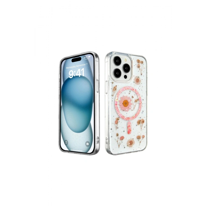 İphone 14 Pro Max Kılıf Daisy Simli Magsafe Kapak - Pembe