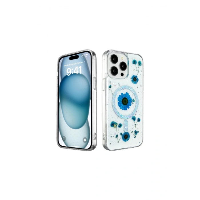 İphone 14 Pro Max Kılıf Daisy Simli Magsafe Kapak - Mavi