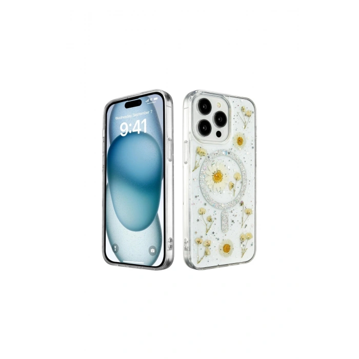 İphone 14 Pro Kılıf Daisy Simli Magsafe Kapak - Gümüş