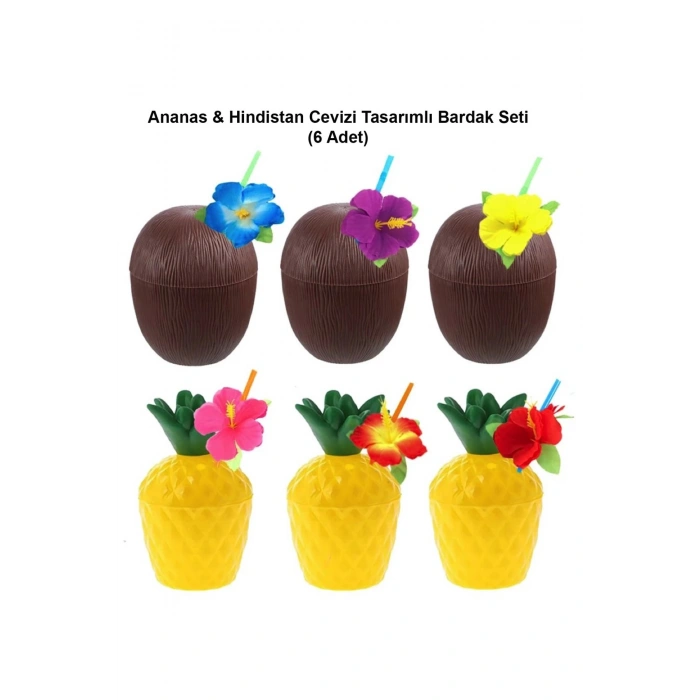 Ananas Hindistan Cevizi Tasarımlı Pipetli Bardak Seti (6 Adet)