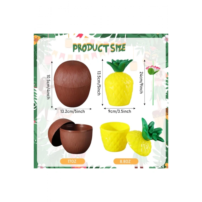 Ananas Hindistan Cevizi Tasarımlı Pipetli Bardak Seti (6 Adet)