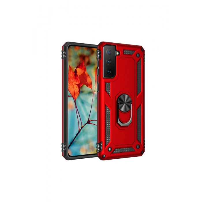 Samsung Galaxy S21 Kılıf Sofya Yüzüklü Silikon Kapak - Kırmızı