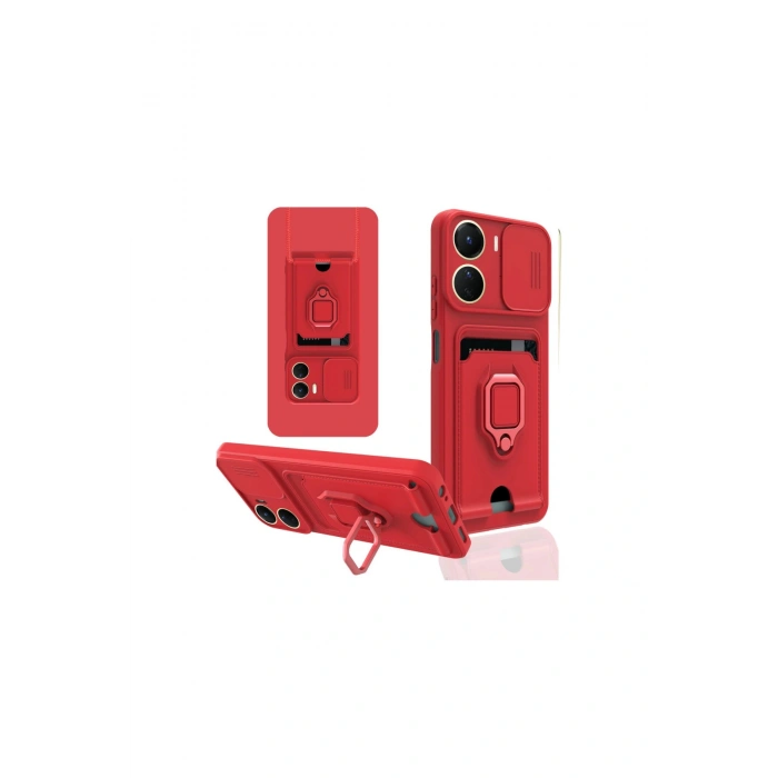 Vivo Y16 Kılıf Zuma Kartvizitli Yüzüklü Silikon - Kırmızı