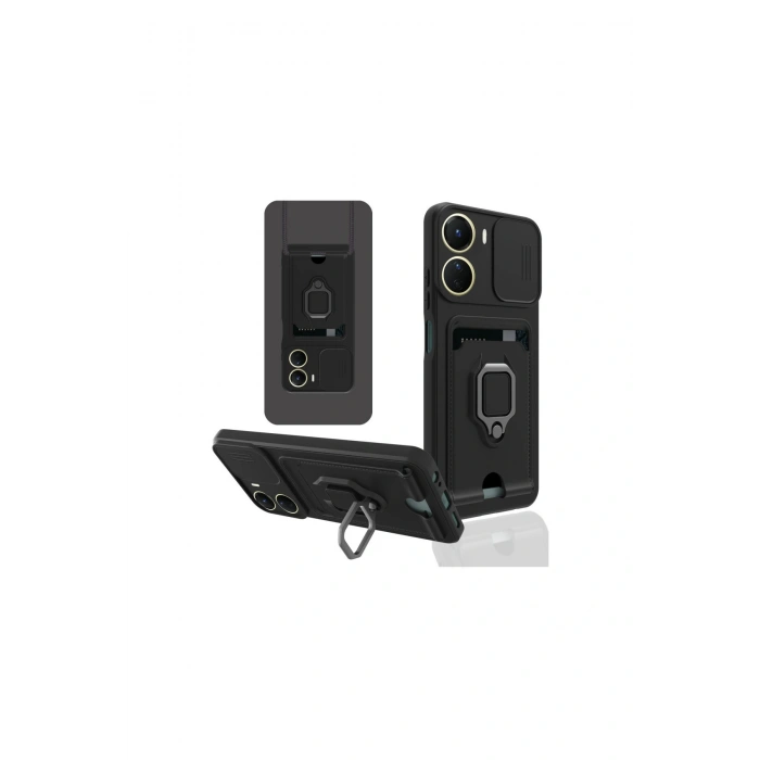 Vivo Y16 Kılıf Zuma Kartvizitli Yüzüklü Silikon - Siyah