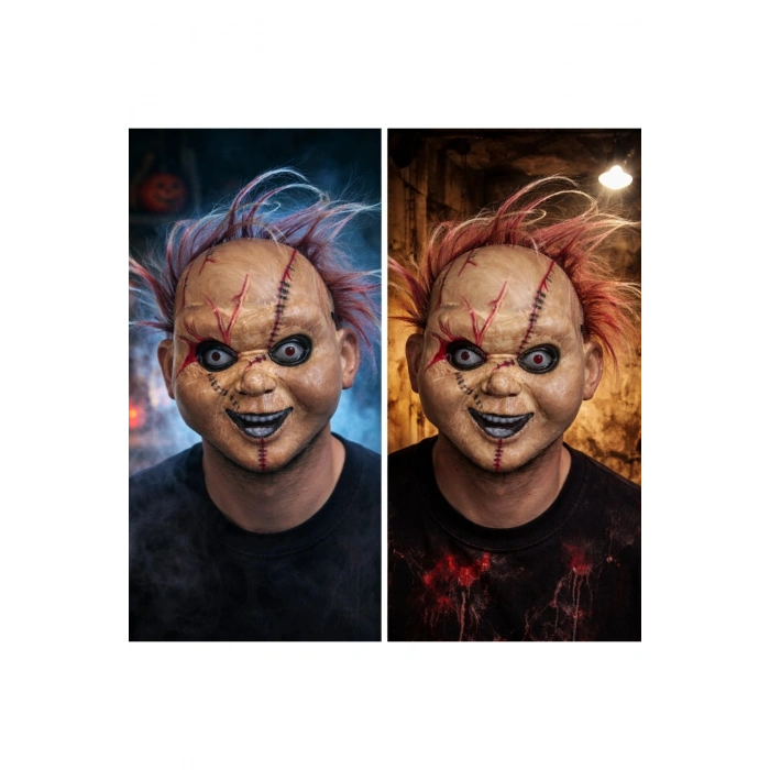 Çaki Korku Bebek Maskesi – Saçlı Plastik Yüz Maskesi