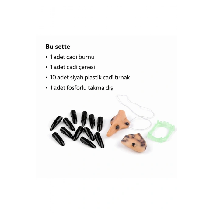 Cadı Aksesuar Seti – Burun, Çene, Fosforlu Diş Ve 10 Adet Siyah Tırnak