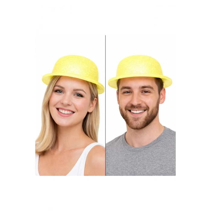 Sarı Simli Melon Şapka | İnce Plastik Glitter Yetişkin Parti Şapkası
