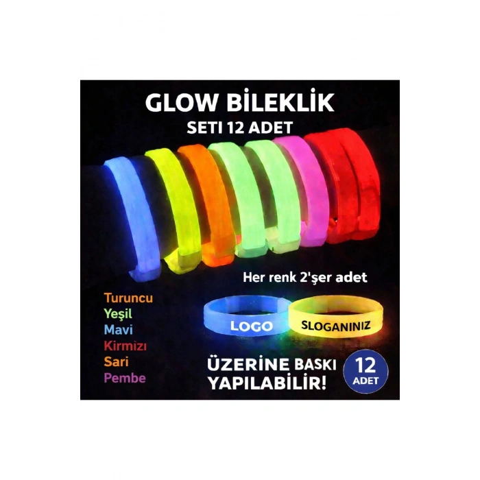 Glow Kalın Bileklik 12’li Set | Baskıya Uygun Renkli Model