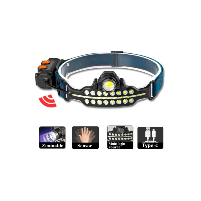 Fithome W690 7 Aydınlatma Modlu Xpe Cob Led Sensörlü Dahili Pilli Usb Şarj Edilebilir Kafa Feneri