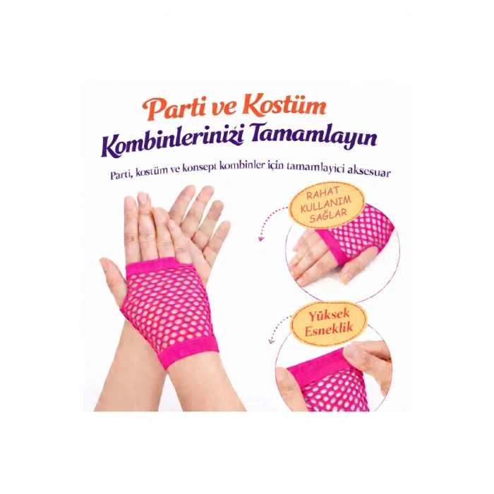 80’ler 90’lar Retro Neon Fuşya Şeker Pembesi File Parmaksız Kısa Eldiven 11 Cm