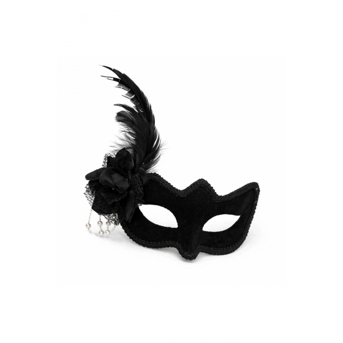 Beyaz İnci Detaylı Siyah Süet Venedik Kadın Maskesi Tüylü Güllü