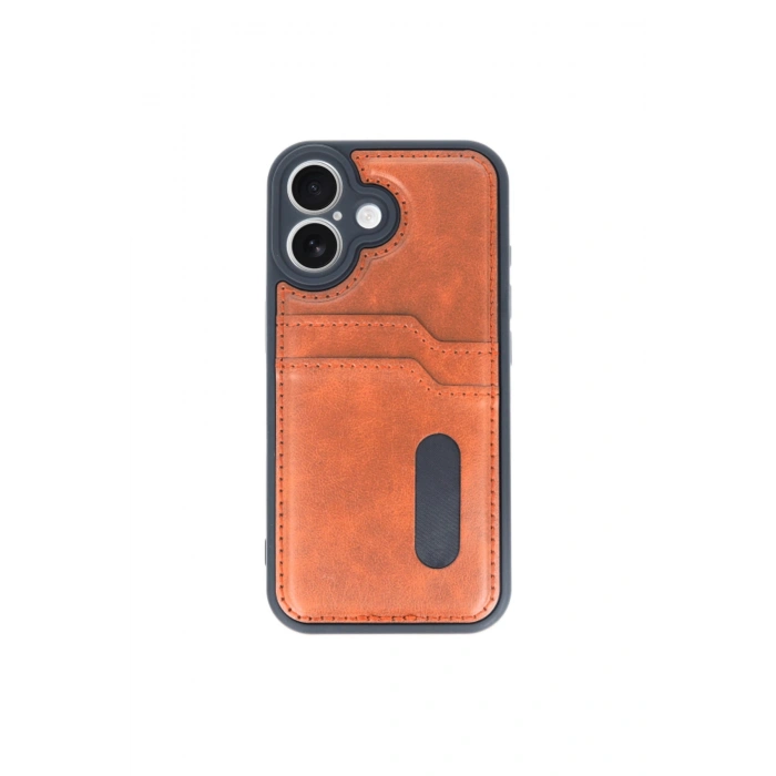 İphone 16 Kılıf Sara Kartvizitli Deri Kılıf - Taba