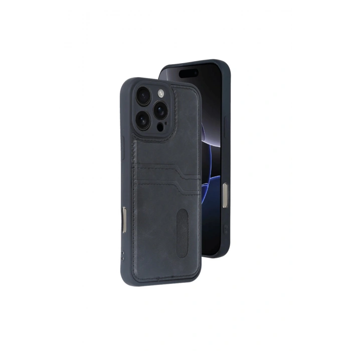 İphone 16 Pro Max Kılıf Sara Kartvizitli Deri Kılıf - Siyah