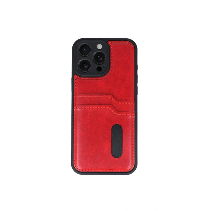 İphone 16 Pro Max Kılıf Sara Kartvizitli Deri Kılıf - Kırmızı
