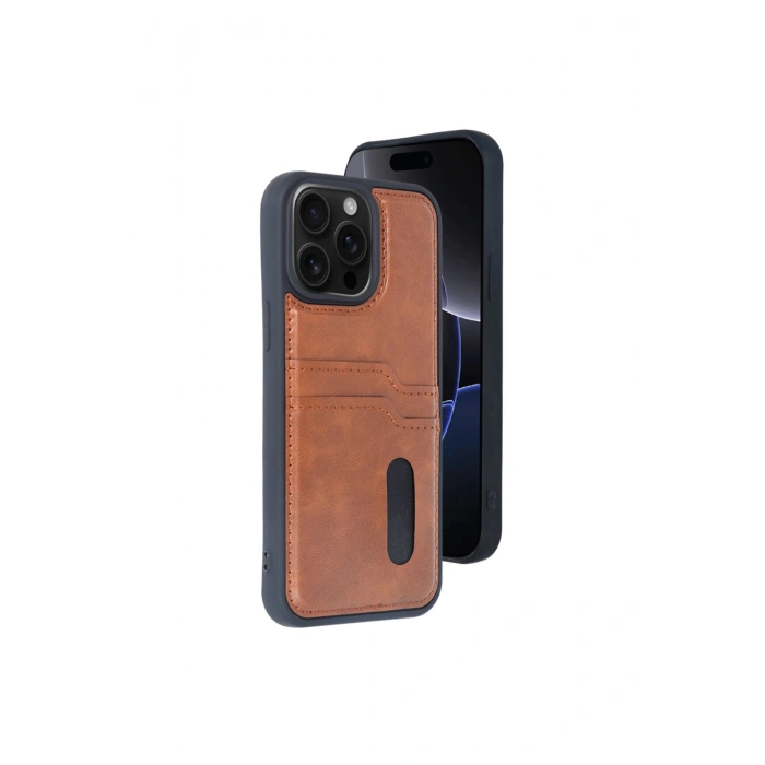 İphone 15 Pro Max Kılıf Sara Kartvizitli Deri Kılıf - Taba