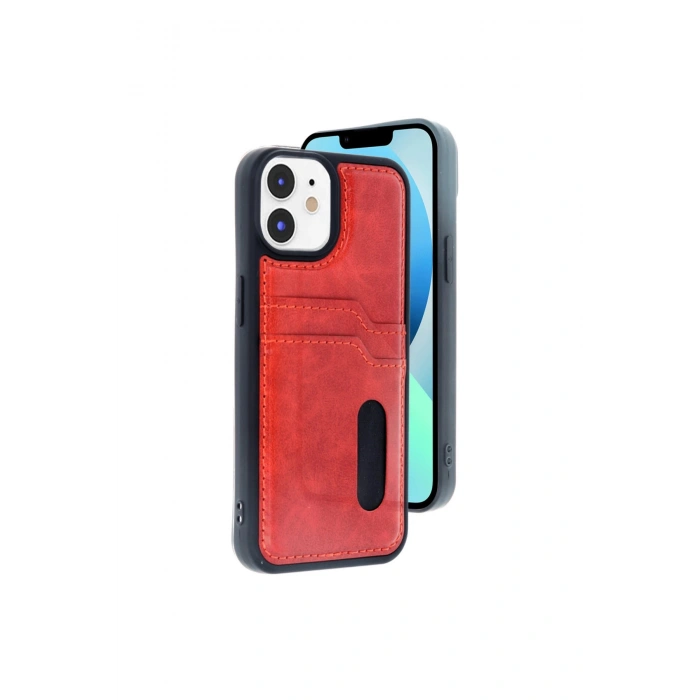 İphone 11 Kılıf Sara Kartvizitli Deri Kılıf - Kırmızı