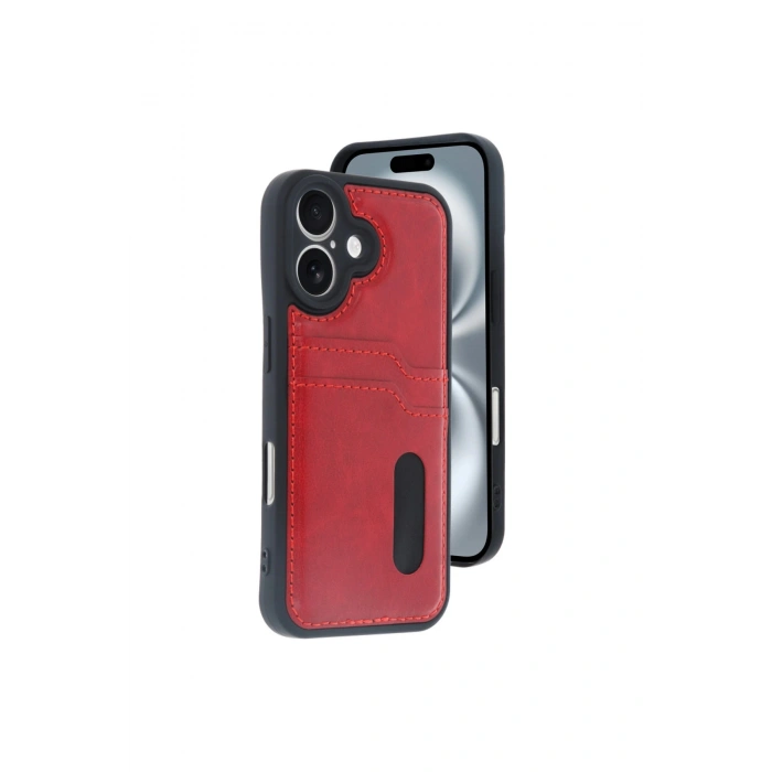 İphone 16 Kılıf Sara Kartvizitli Deri Kılıf - Kırmızı