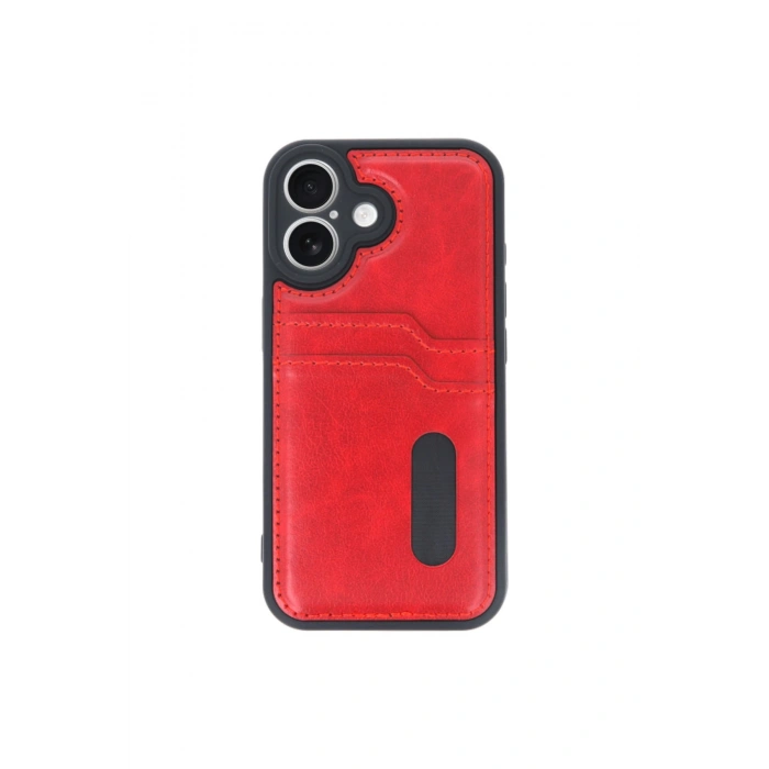 İphone 16 Kılıf Sara Kartvizitli Deri Kılıf - Kırmızı