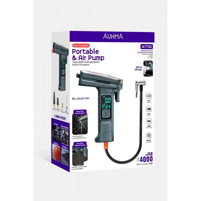 Araba Hava Pompası 4’ü 1 Arada: Kompresör + Cam Kırıcı + Kemer Kesici + Led Işık Şarjlı 4000mah Araç