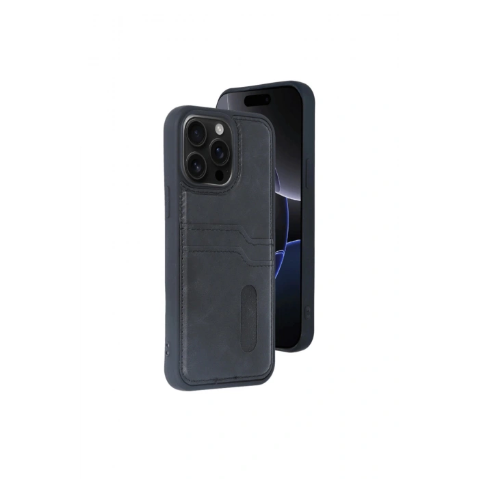 İphone 14 Pro Max Kılıf Sara Kartvizitli Deri Kılıf - Siyah