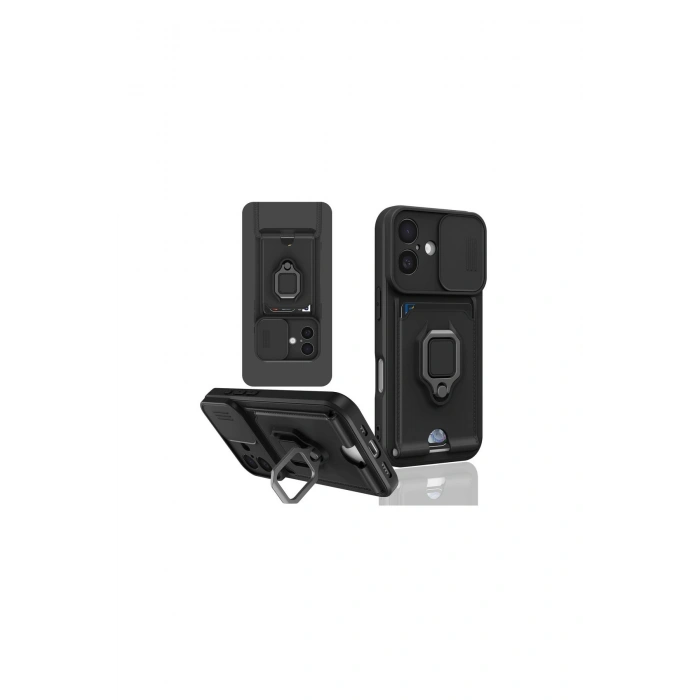 İphone 16 Kılıf Zuma Kartvizitli Yüzüklü Silikon - Siyah