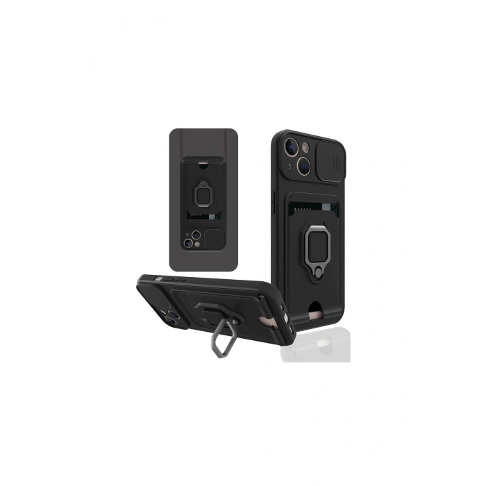 İphone 14 Plus Kılıf Zuma Kartvizitli Yüzüklü Silikon - Siyah