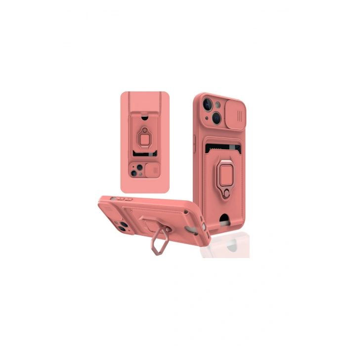 İphone 14 Kılıf Zuma Kartvizitli Yüzüklü Silikon - Pembe