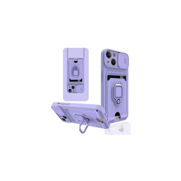 İphone 14 Kılıf Zuma Kartvizitli Yüzüklü Silikon - Lila